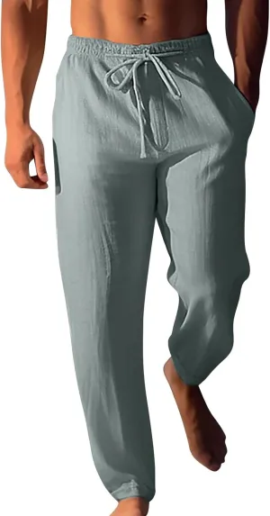 Mens Cotton Linen Classic Pants Elastic Classic Waist Lounge Beach Pants Summer Casual Straight Leg Dress Trousers