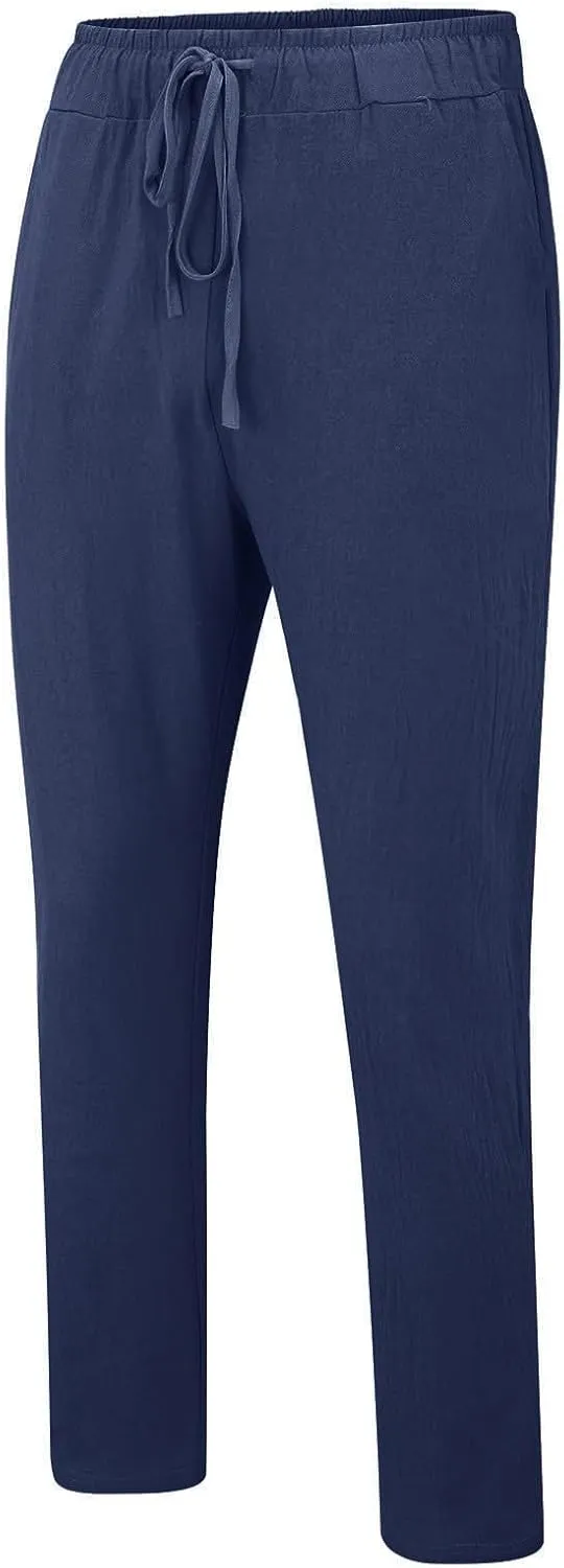 Mens Cotton Linen Classic Pants Elastic Classic Waist Lounge Beach Pants Summer Casual Straight Leg Dress Trousers