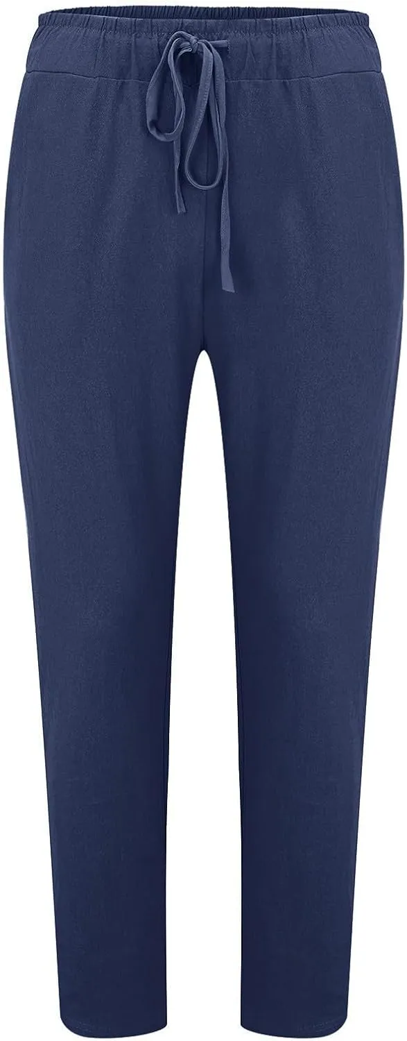 Mens Cotton Linen Classic Pants Elastic Classic Waist Lounge Beach Pants Summer Casual Straight Leg Dress Trousers