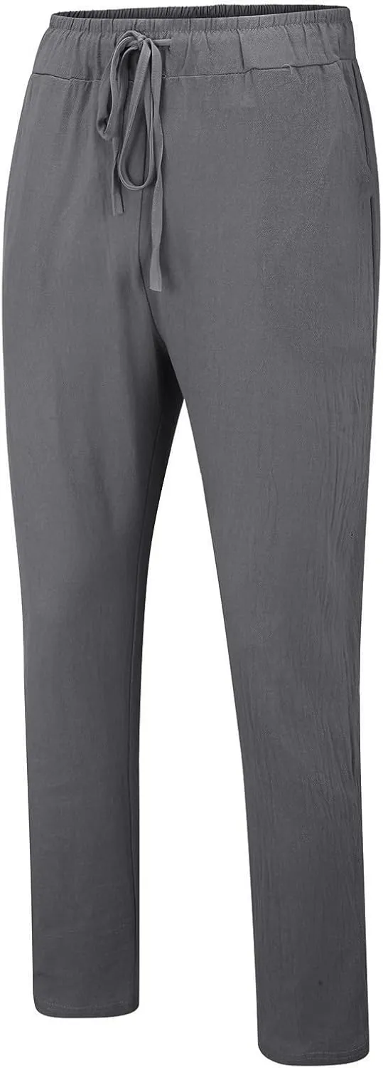 Mens Cotton Linen Classic Pants Elastic Classic Waist Lounge Beach Pants Summer Casual Straight Leg Dress Trousers