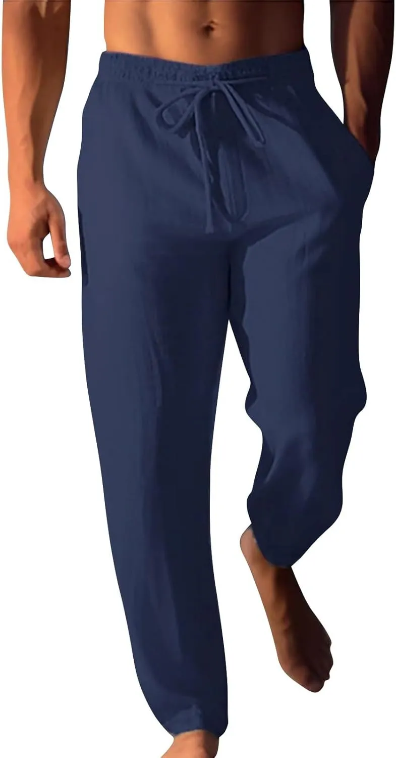 Mens Cotton Linen Classic Pants Elastic Classic Waist Lounge Beach Pants Summer Casual Straight Leg Dress Trousers