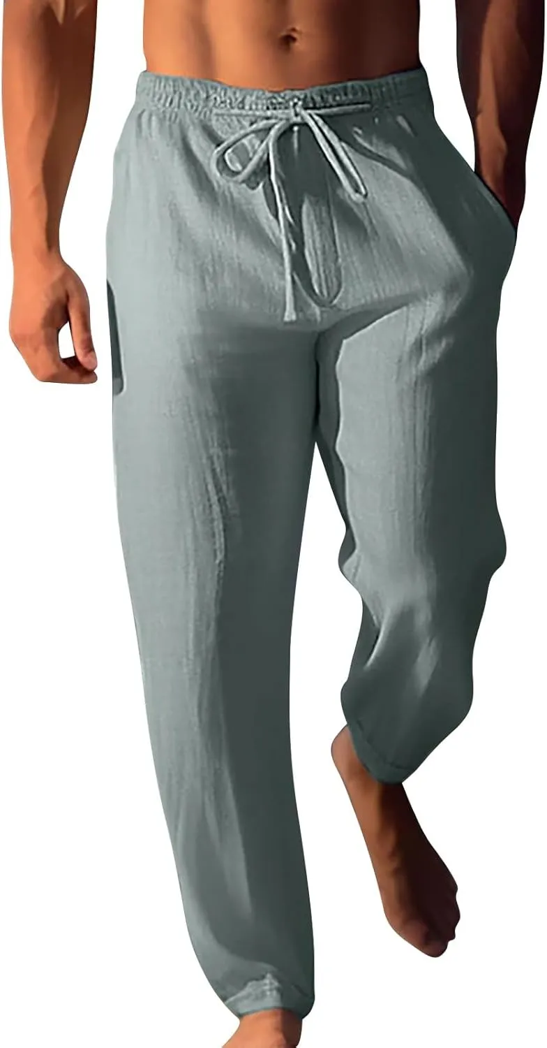 Mens Cotton Linen Classic Pants Elastic Classic Waist Lounge Beach Pants Summer Casual Straight Leg Dress Trousers