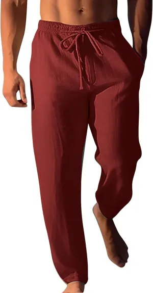 Mens Cotton Linen Classic Pants Elastic Classic Waist Lounge Beach Pants Summer Casual Straight Leg Dress Trousers