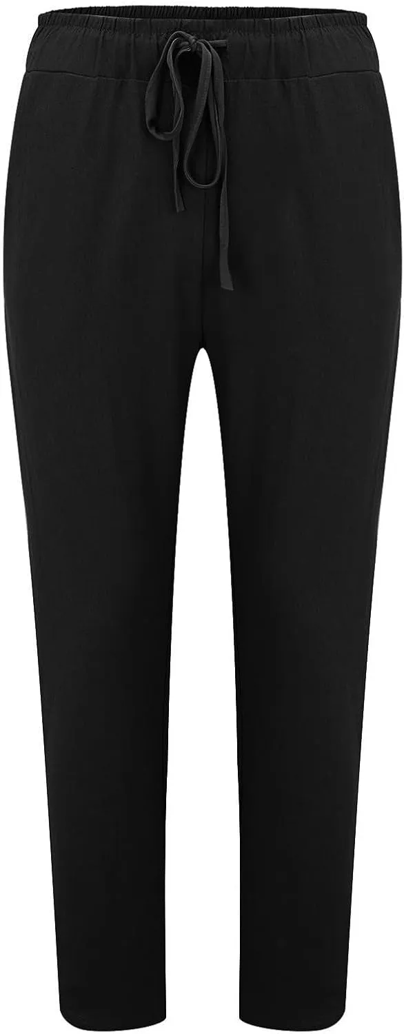 Mens Cotton Linen Classic Pants Elastic Classic Waist Lounge Beach Pants Summer Casual Straight Leg Dress Trousers