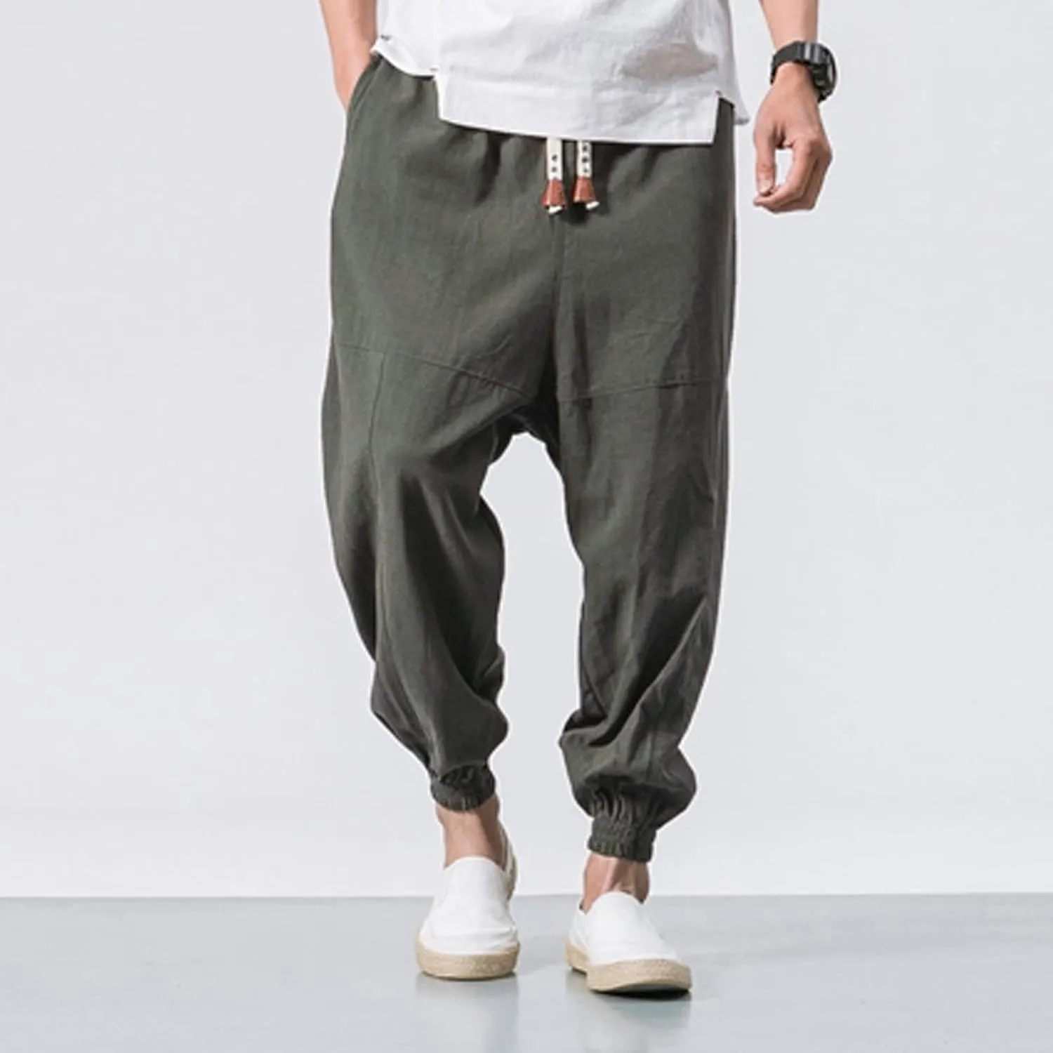 Mens Cotton Linen Harem Pants Drop Crotch Wide Leg Pants Drawstring Waist Baggy Sweatpants Casual Hippie Trousers