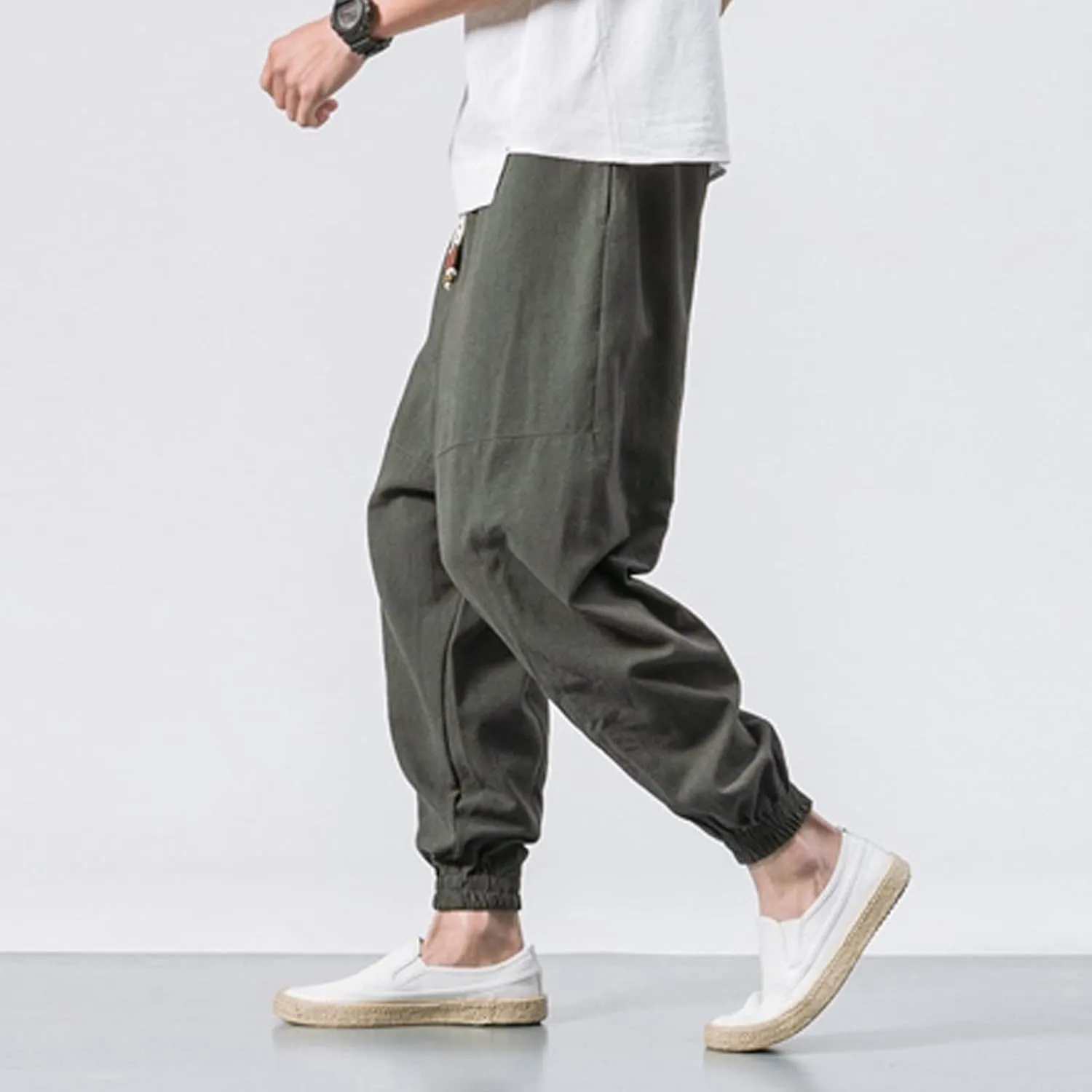 Mens Cotton Linen Harem Pants Drop Crotch Wide Leg Pants Drawstring Waist Baggy Sweatpants Casual Hippie Trousers