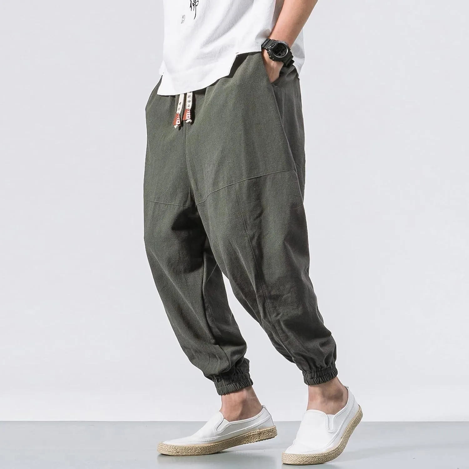 Mens Cotton Linen Harem Pants Drop Crotch Wide Leg Pants Drawstring Waist Baggy Sweatpants Casual Hippie Trousers