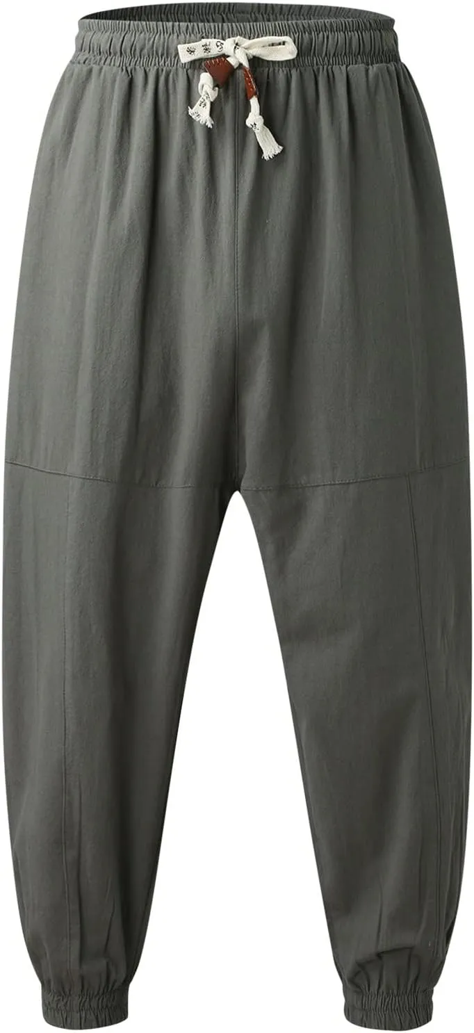 Mens Cotton Linen Harem Pants Drop Crotch Wide Leg Pants Drawstring Waist Baggy Sweatpants Casual Hippie Trousers