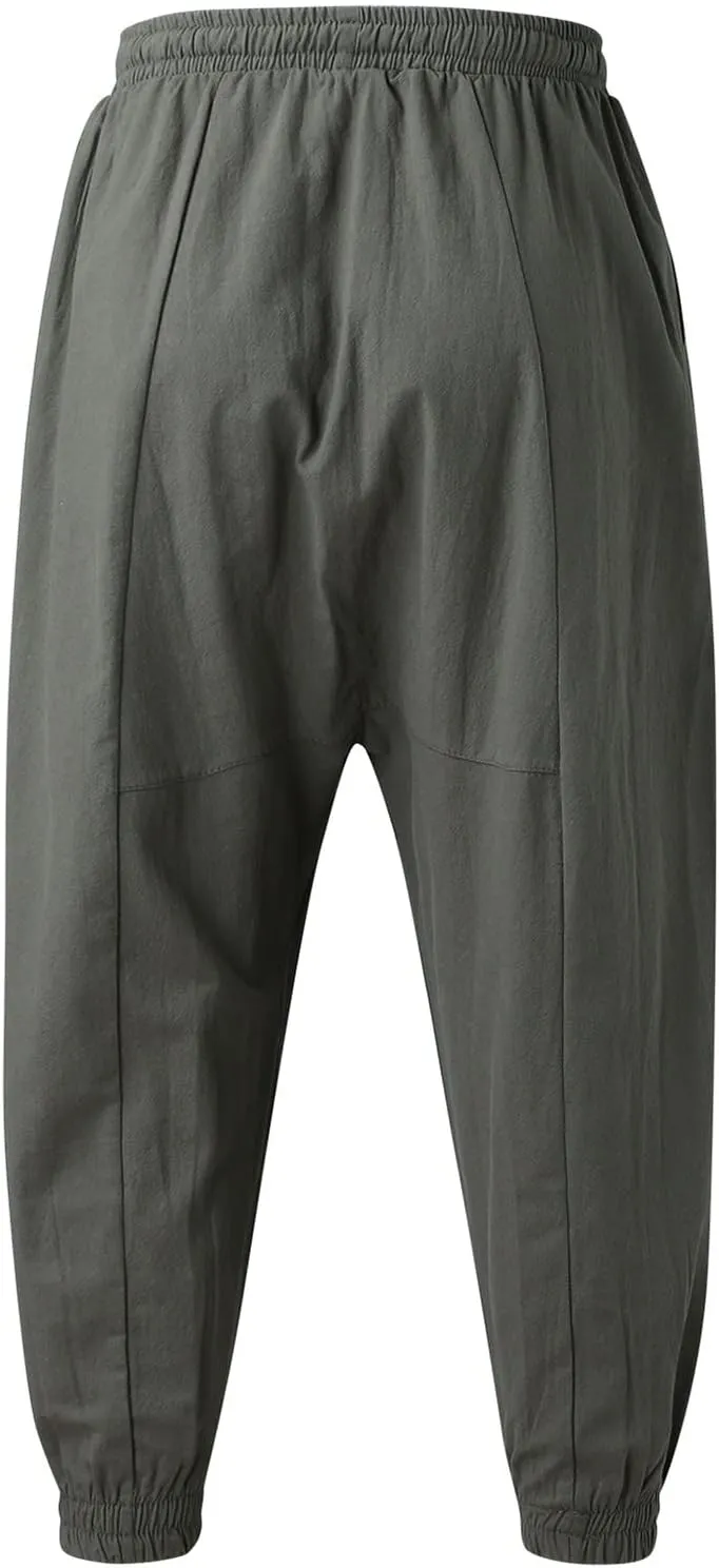 Mens Cotton Linen Harem Pants Drop Crotch Wide Leg Pants Drawstring Waist Baggy Sweatpants Casual Hippie Trousers