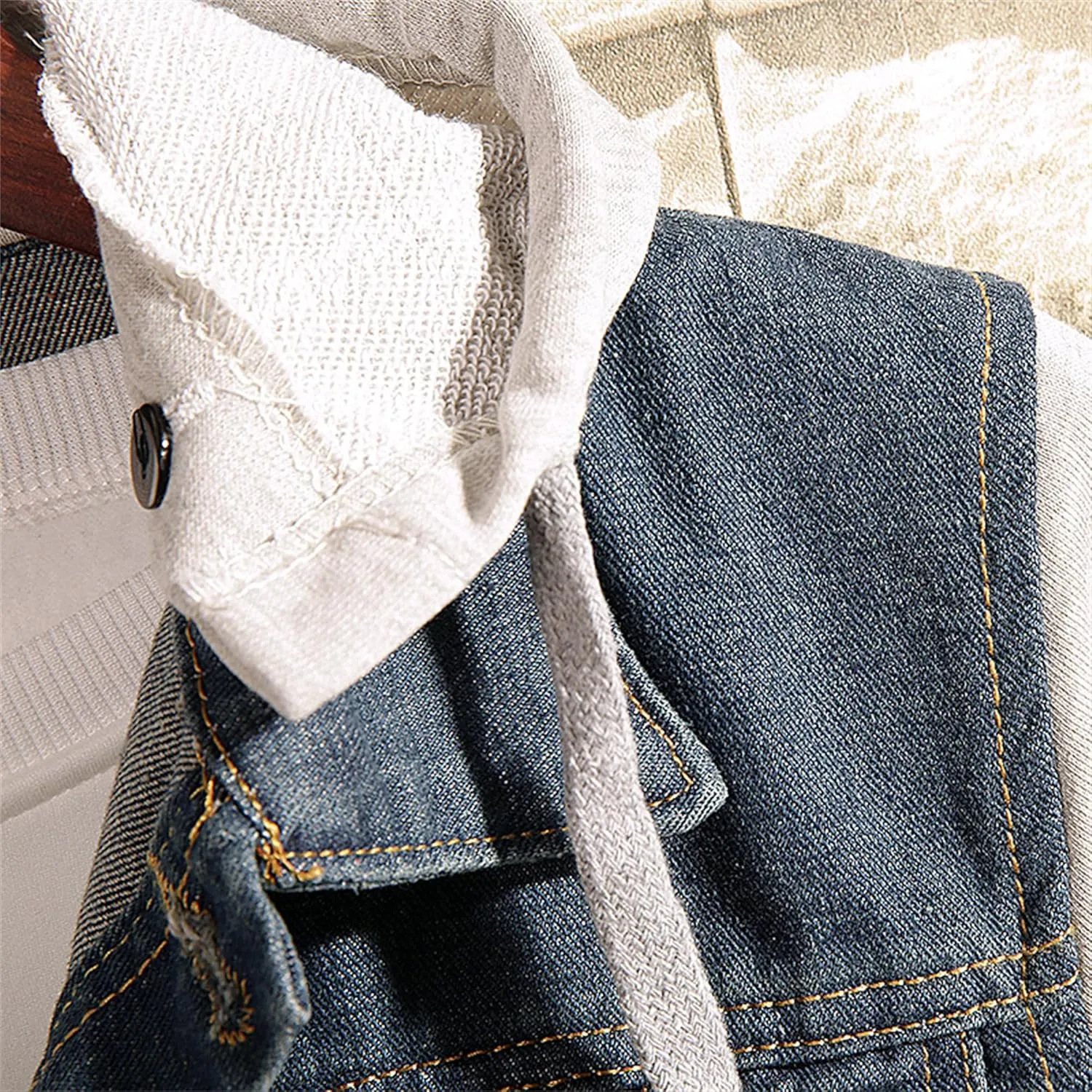 Men's Denim with Hood Jacket Casual Button Trucker Jean Coat Cotton Hooded Military Utility Jackets