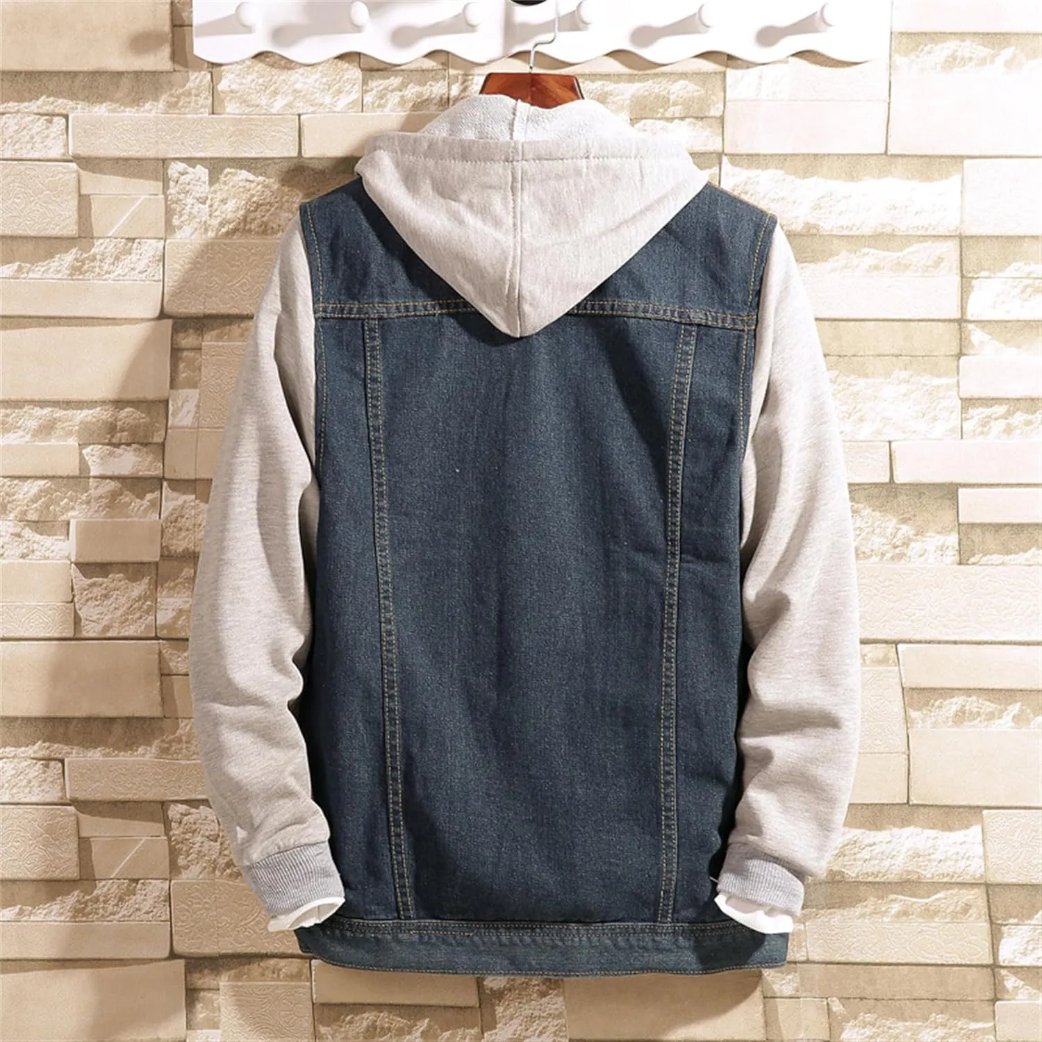 Men's Denim with Hood Jacket Casual Button Trucker Jean Coat Cotton Hooded Military Utility Jackets
