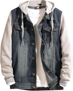 Men's Denim with Hood Jacket Casual Button Trucker Jean Coat Cotton Hooded Military Utility Jackets
