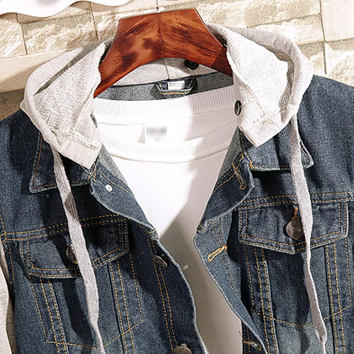 Men's Denim with Hood Jacket Casual Button Trucker Jean Coat Cotton Hooded Military Utility Jackets
