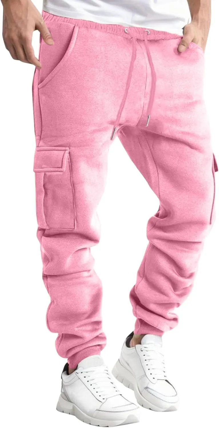 Men's Drawstring Cargo Sweatpants Open Bottom Fleece Athletic Hiking Jogger Cargo Sweatpants for Men with Pockets
