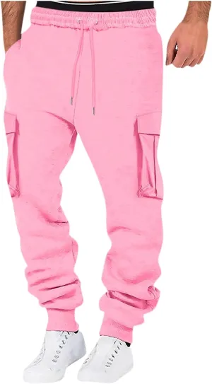 Men's Drawstring Cargo Sweatpants Open Bottom Fleece Athletic Hiking Jogger Cargo Sweatpants for Men with Pockets