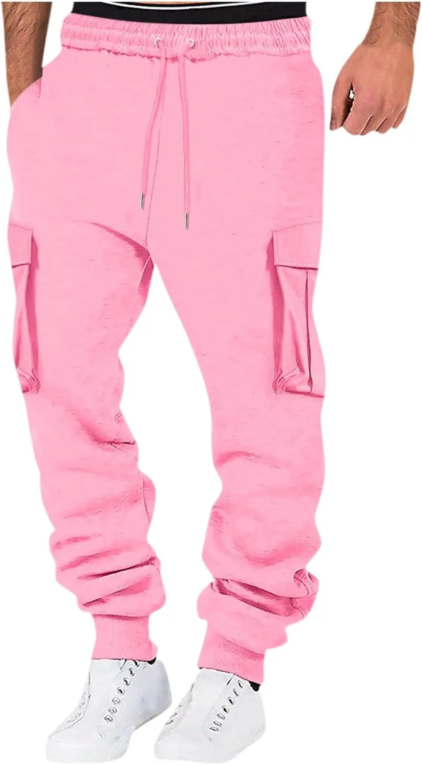 Men's Drawstring Cargo Sweatpants Open Bottom Fleece Athletic Hiking Jogger Cargo Sweatpants for Men with Pockets