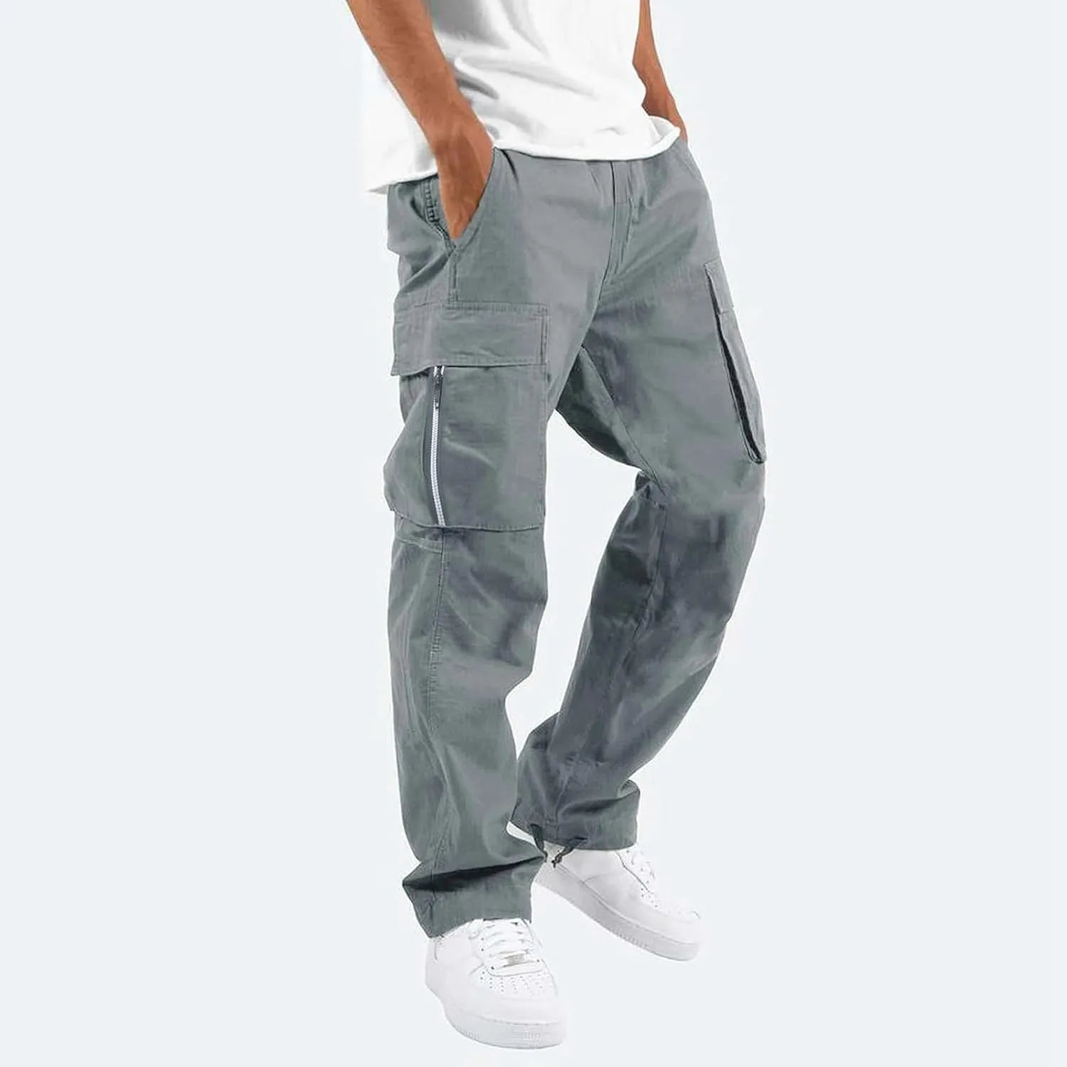 Mens Elastic Crotch Pants Trendy Solid Color Loose Joggers Cargo Pants for Men Leisure Streetwear Pants Trousers