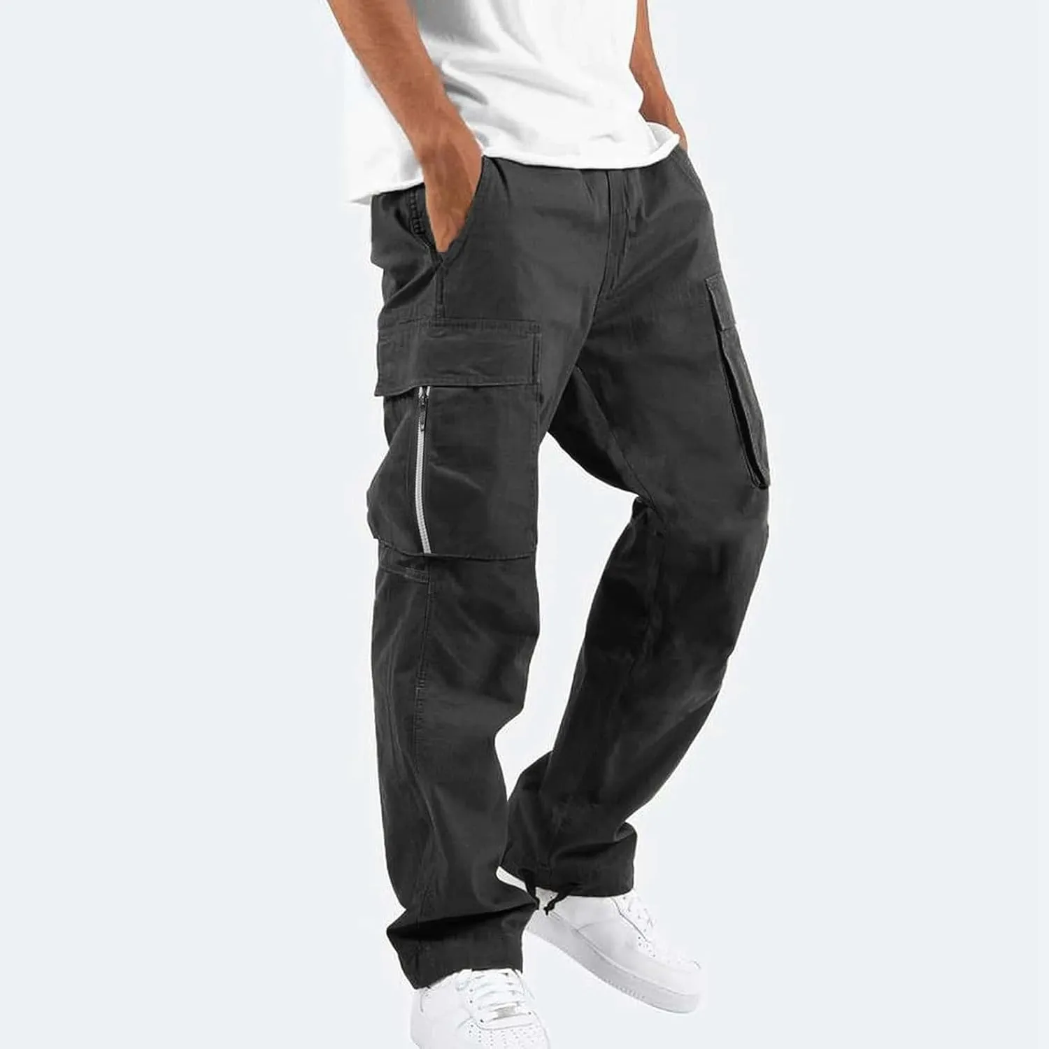 Mens Elastic Crotch Pants Trendy Solid Color Loose Joggers Cargo Pants for Men Leisure Streetwear Pants Trousers