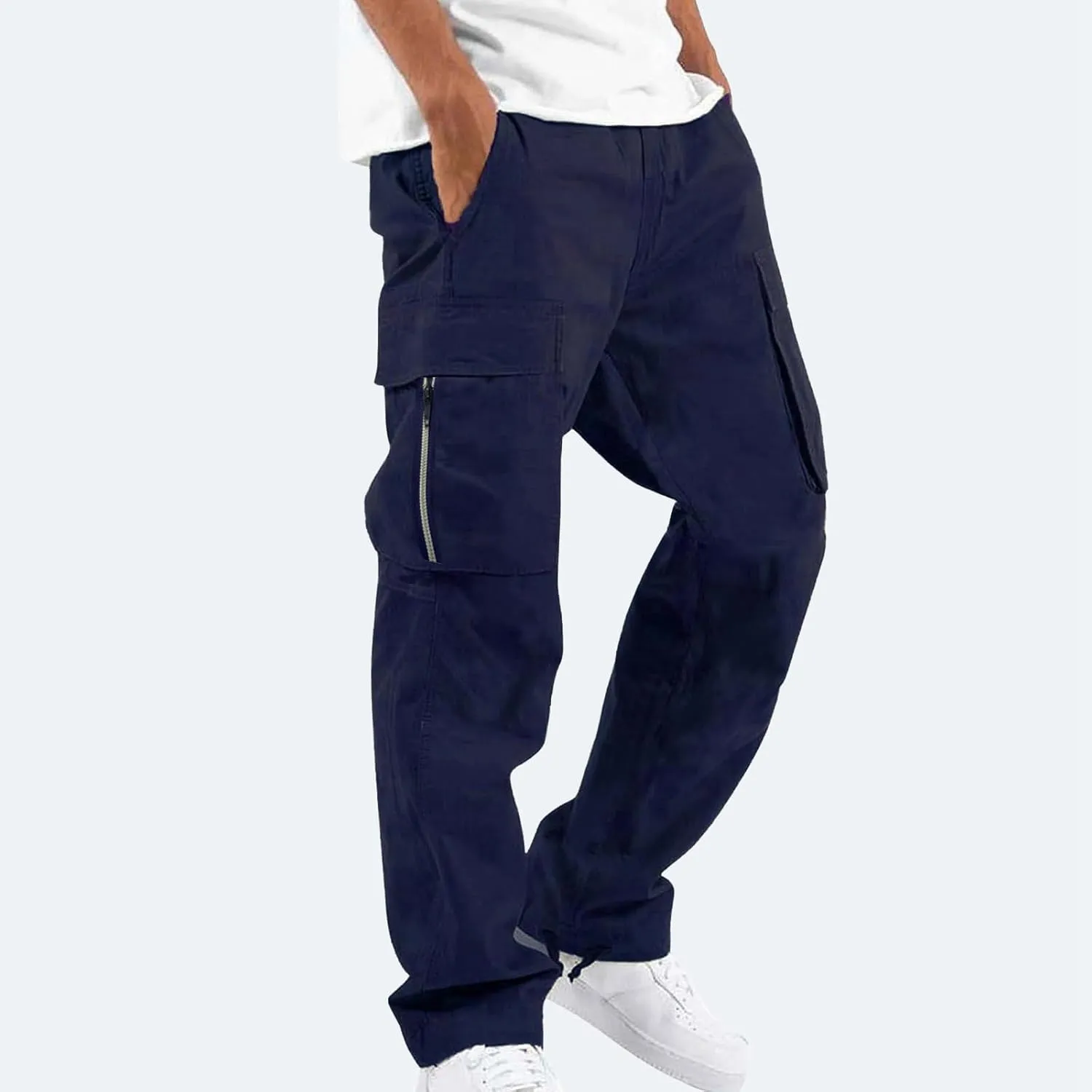 Mens Elastic Crotch Pants Trendy Solid Color Loose Joggers Cargo Pants for Men Leisure Streetwear Pants Trousers
