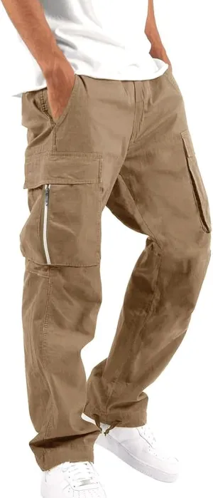 Mens Elastic Crotch Pants Trendy Solid Color Loose Joggers Cargo Pants for Men Leisure Streetwear Pants Trousers