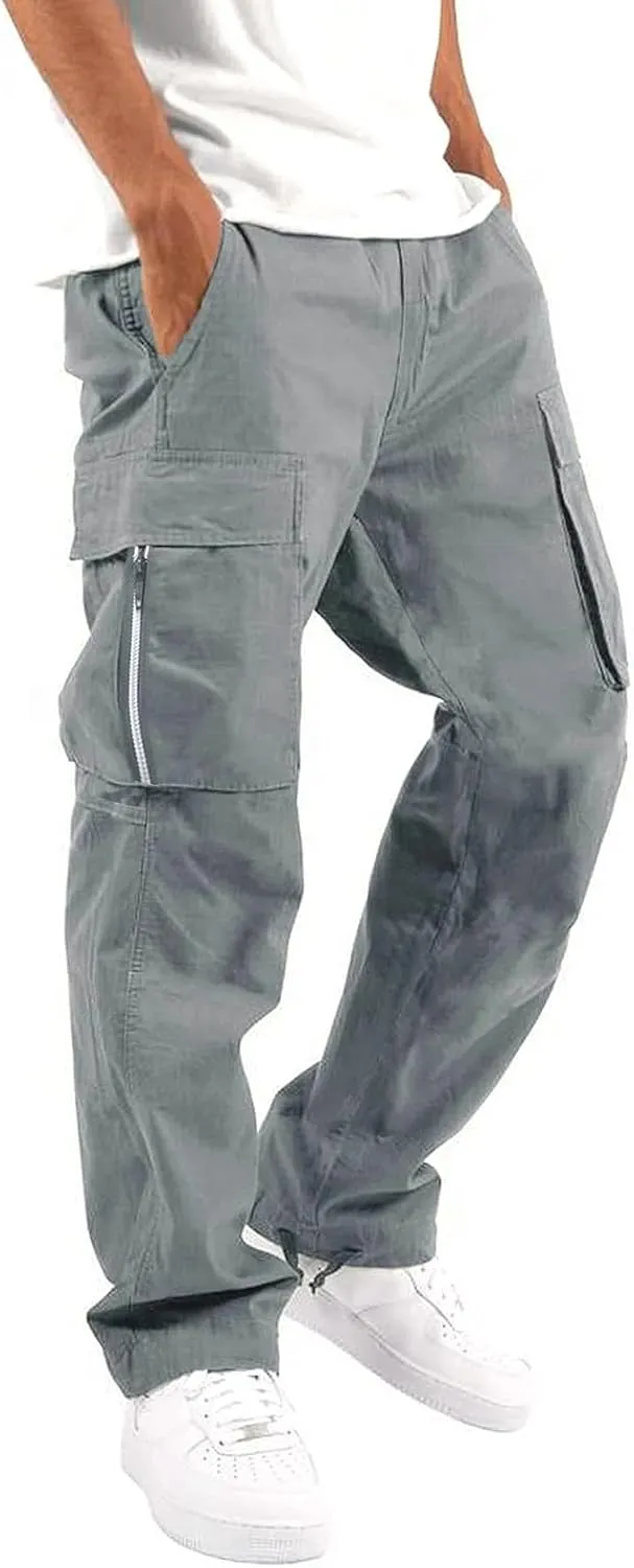 Mens Elastic Crotch Pants Trendy Solid Color Loose Joggers Cargo Pants for Men Leisure Streetwear Pants Trousers