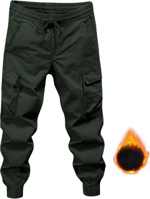 Men's Elastic Fleece Cargo Pants with Multi-Pockets Stretch Cargo Pants Slim Fit Pockets Elastic Waistband Long Pants