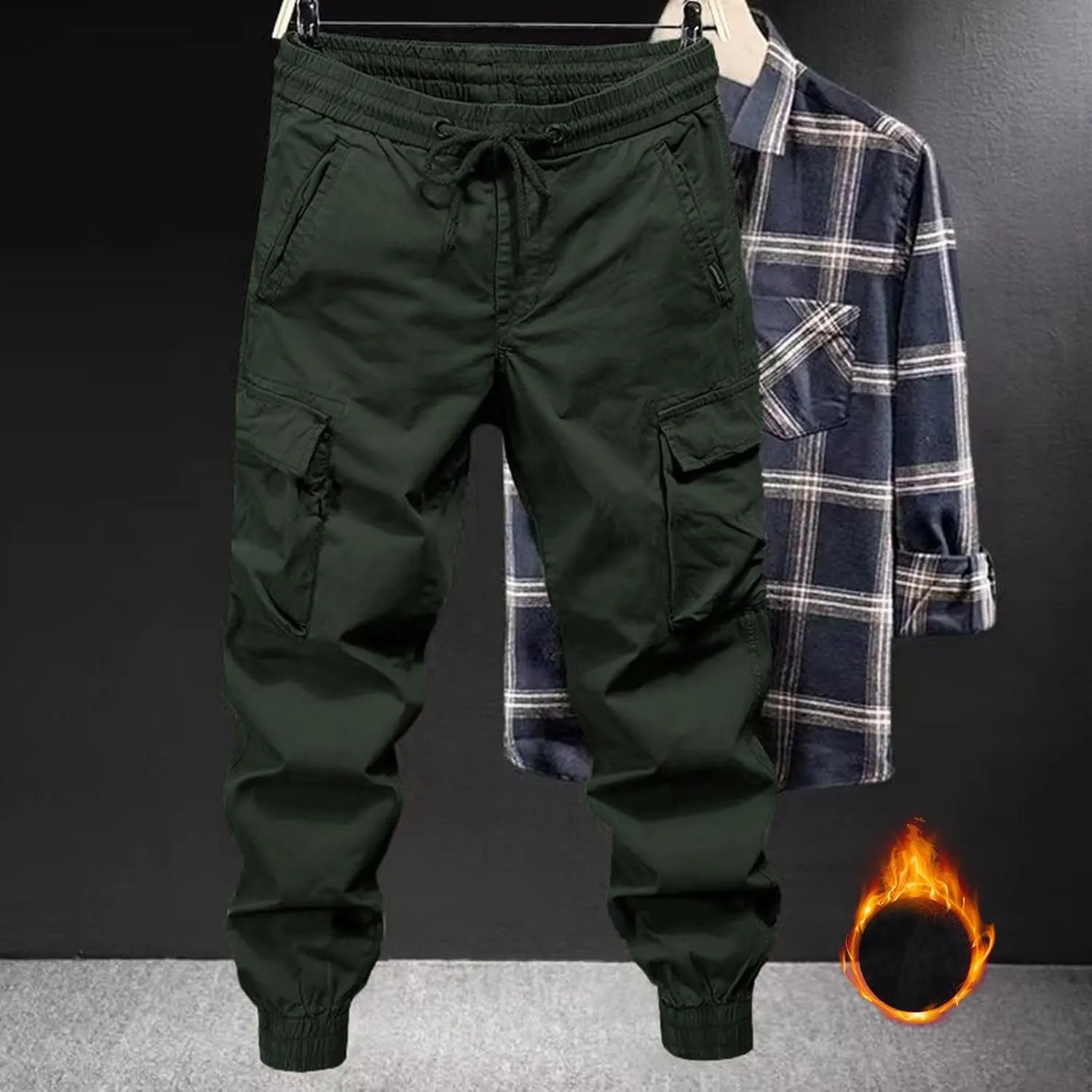 Men's Elastic Fleece Cargo Pants with Multi-Pockets Stretch Cargo Pants Slim Fit Pockets Elastic Waistband Long Pants