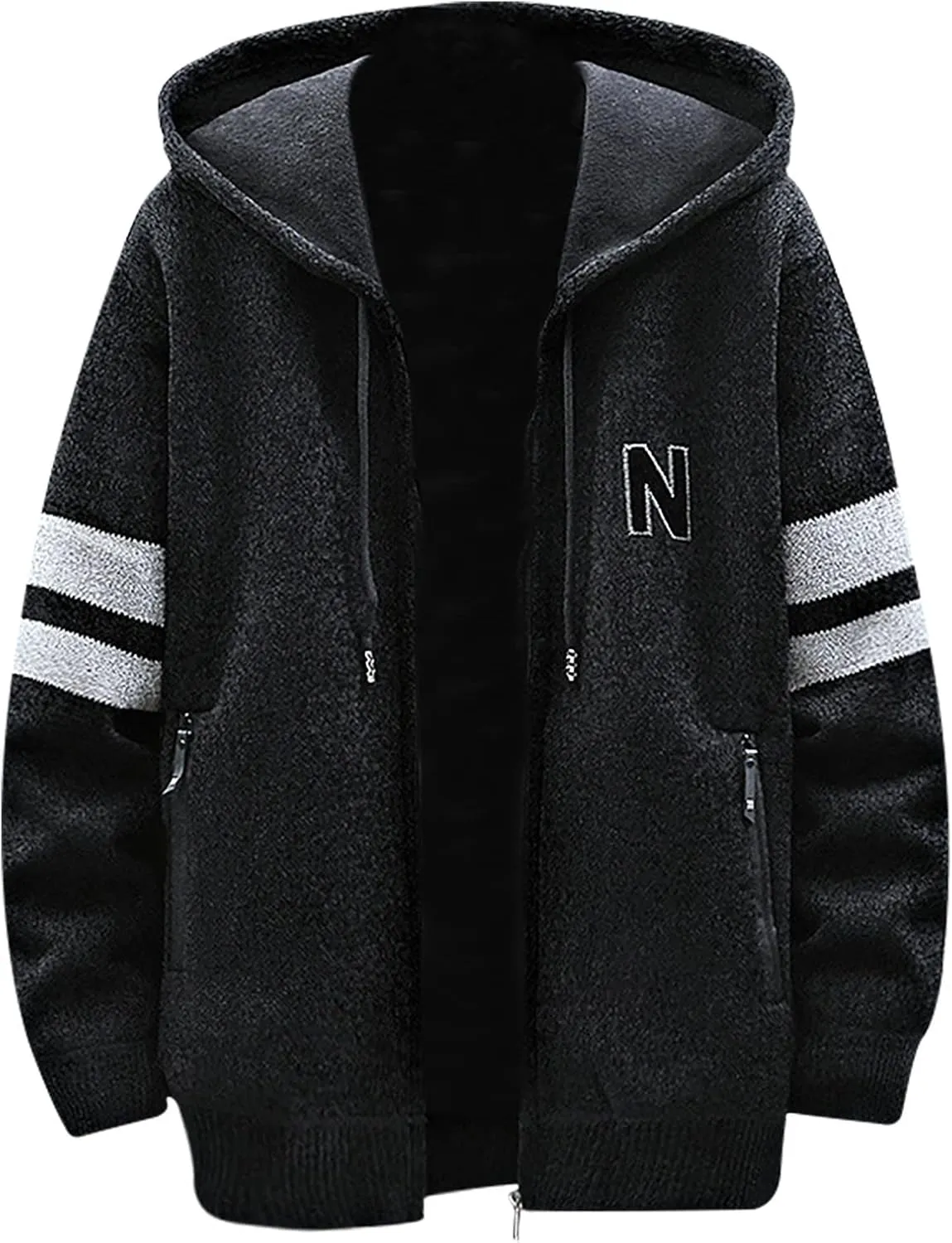 Mens Full Zip up Hooded Sweater Jacket Winter Long Sleeve Fleece Lined Knit Cardigan Coats Thickened Warm Outerwear