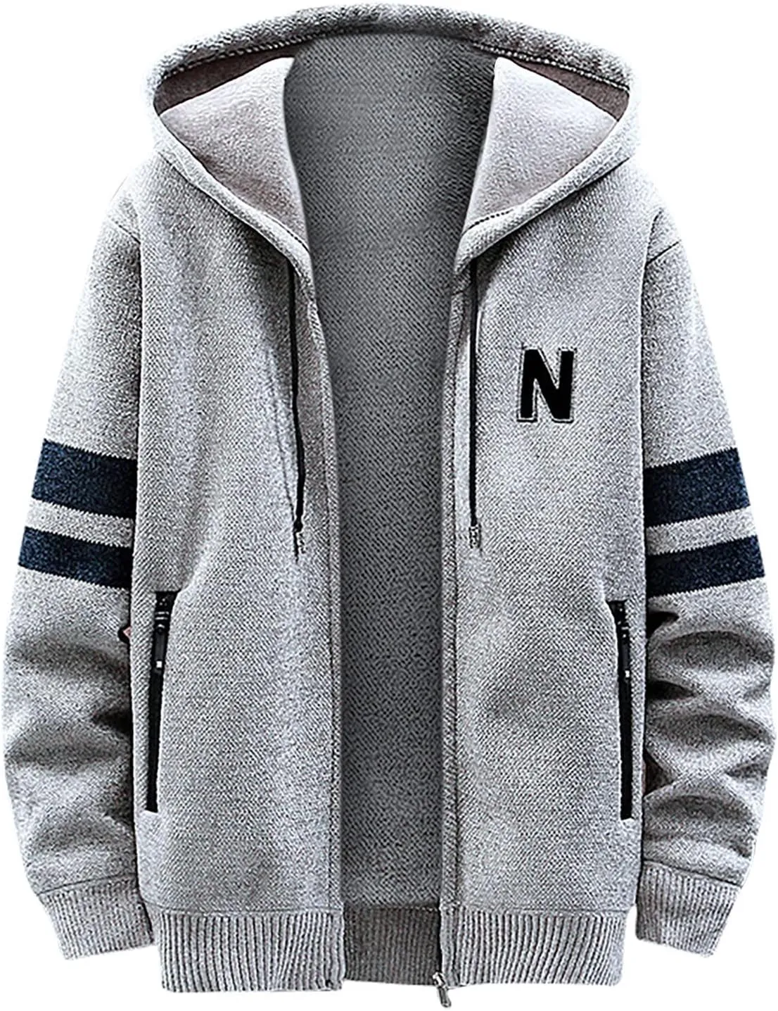 Mens Full Zip up Hooded Sweater Jacket Winter Long Sleeve Fleece Lined Knit Cardigan Coats Thickened Warm Outerwear