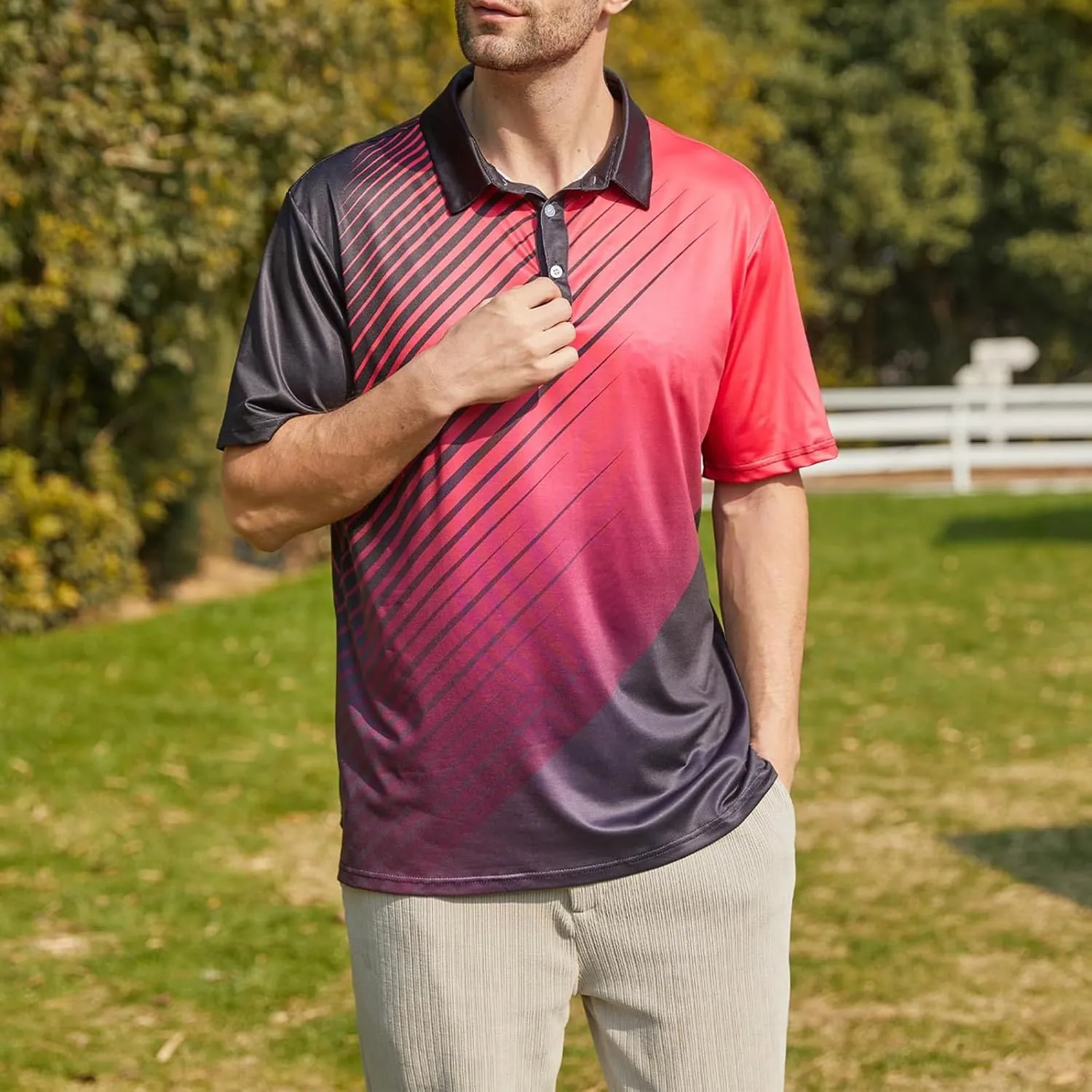 Men's Golf Polo Shirts Block Print Summer Short Sleeve V Neck Quick Dry Collared Shirts Casual Loose Joggers Sports Shirts