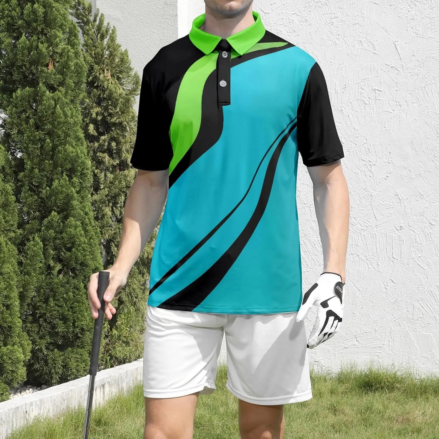 Men's Golf Polo Shirts Block Print Summer Short Sleeve V Neck Quick Dry Collared Shirts Casual Loose Joggers Sports Shirts