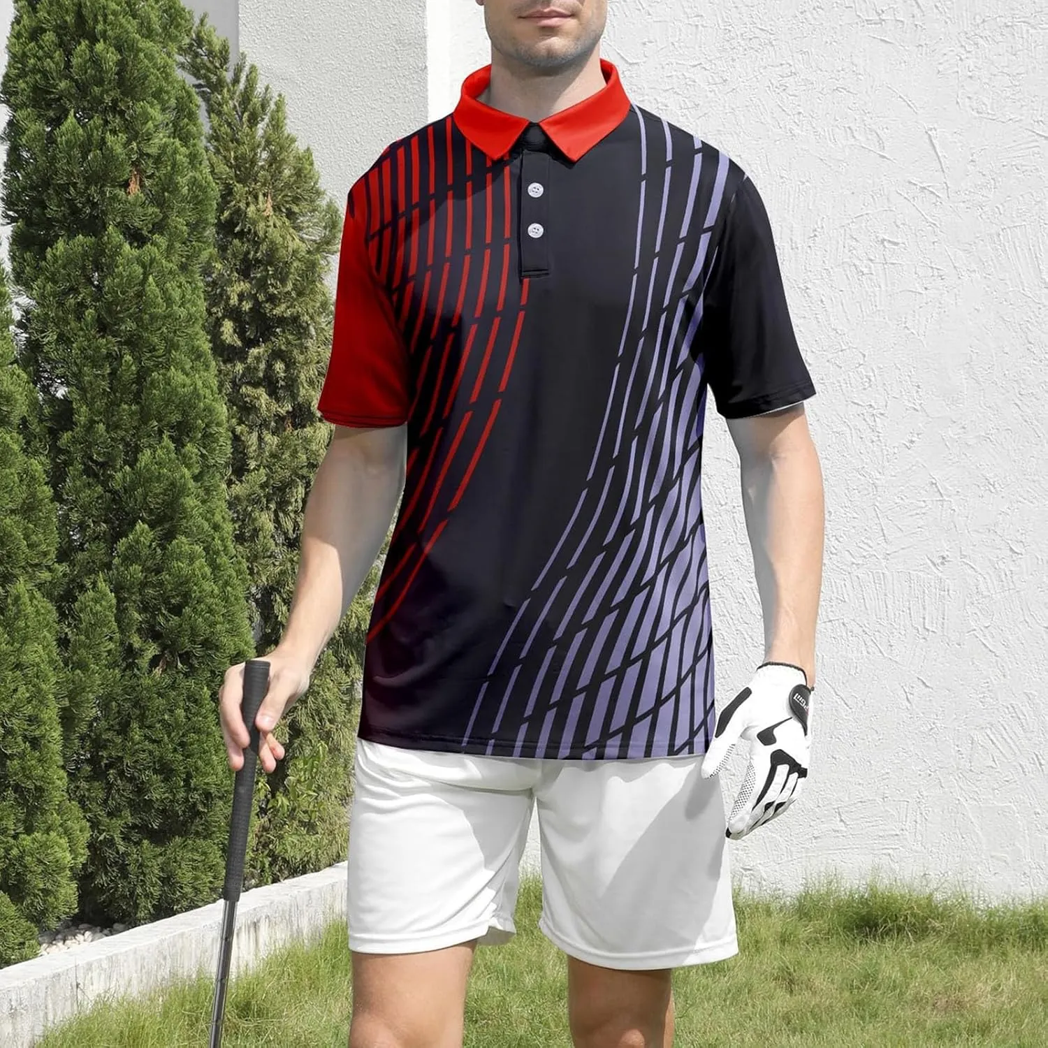 Men's Golf Polo Shirts Block Print Summer Short Sleeve V Neck Quick Dry Collared Shirts Casual Loose Joggers Sports Shirts