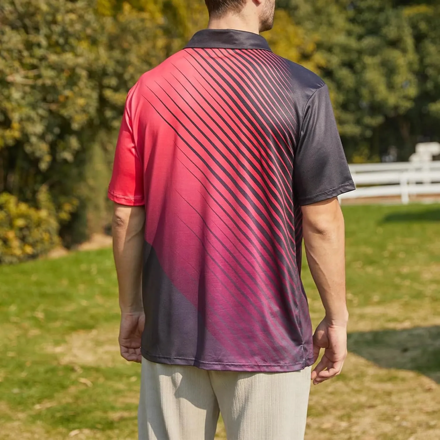 Men's Golf Polo Shirts Block Print Summer Short Sleeve V Neck Quick Dry Collared Shirts Casual Loose Joggers Sports Shirts