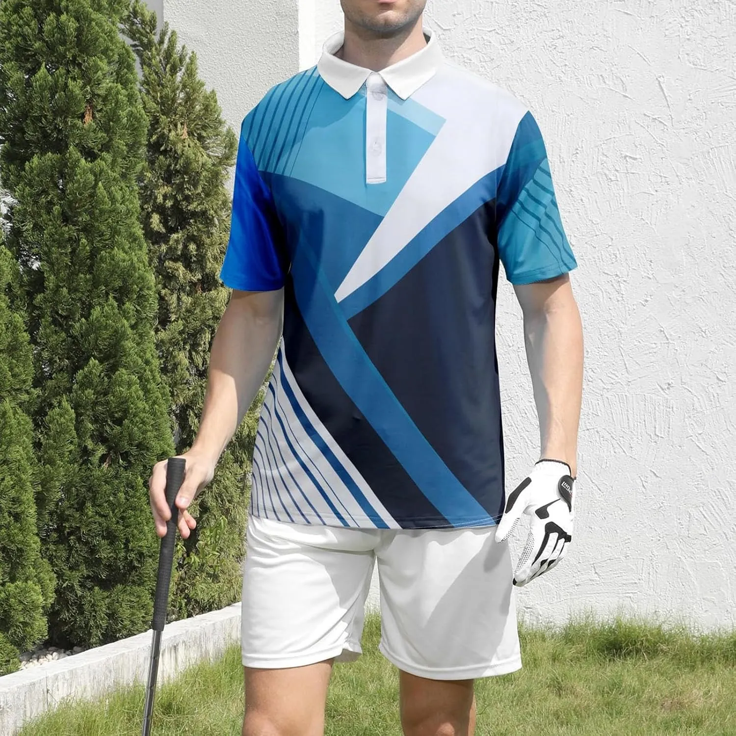 Men's Golf Polo Shirts Block Print Summer Short Sleeve V Neck Quick Dry Collared Shirts Casual Loose Joggers Sports Shirts