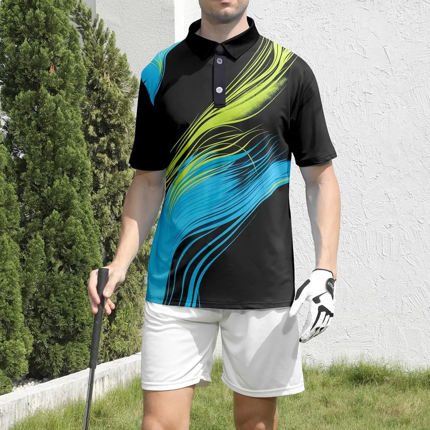 Men's Golf Polo Shirts Block Print Summer Short Sleeve V Neck Quick Dry Collared Shirts Casual Loose Joggers Sports Shirts