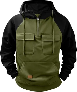 Mens Hoodie,Fall Winter Quarter Zip Pullover Hoodie Tactical Sweatshirt Cargo Pullover Workout Hoodies with Pockets