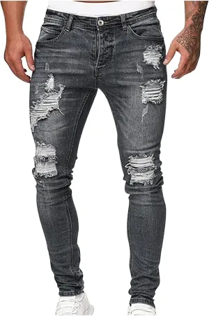 Mens Jeans Trendy Solid Color Ripped Hole Denim Pants Casual Straight Leg Pants Lightweight Slim Trousers with Pockets