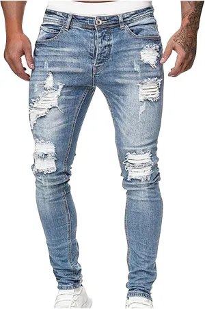 Mens Jeans Trendy Solid Color Ripped Hole Denim Pants Casual Straight Leg Pants Lightweight Slim Trousers with Pockets