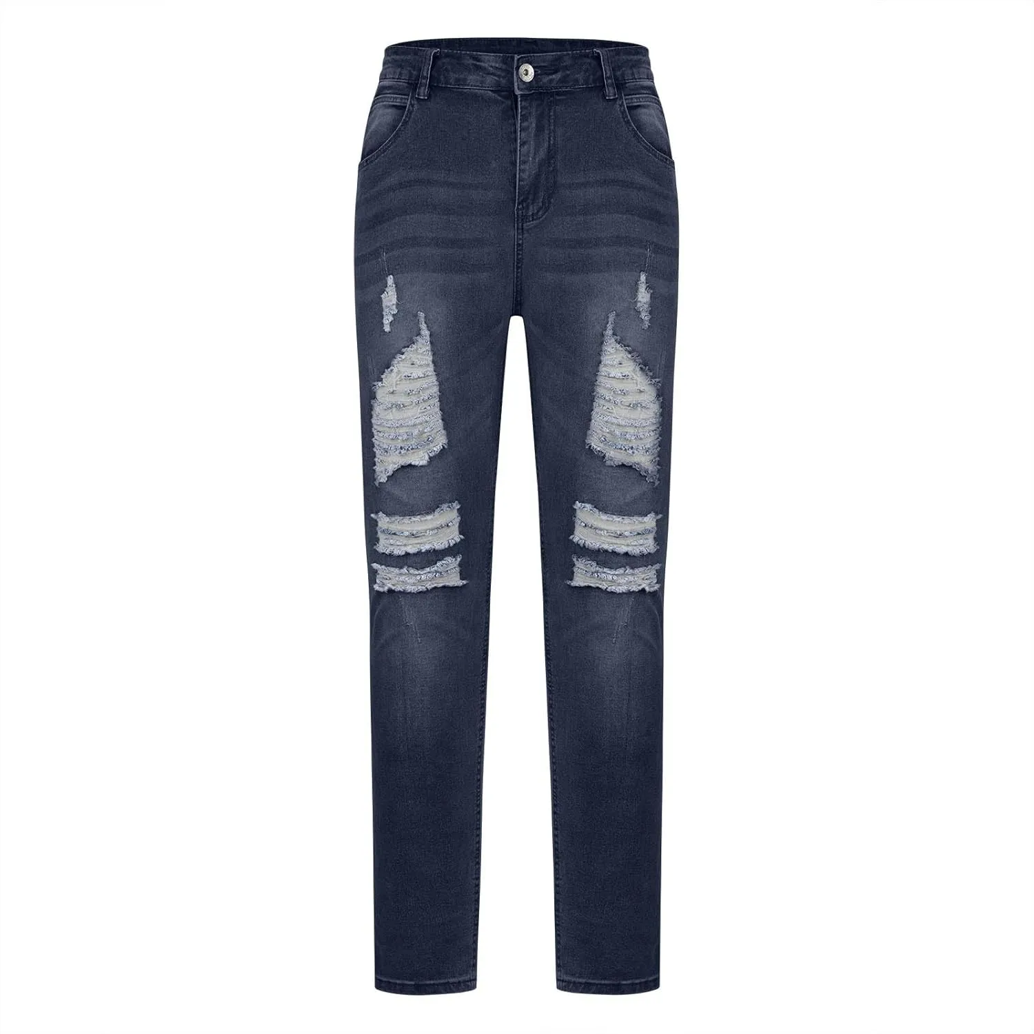 Mens Jeans Trendy Solid Color Ripped Hole Denim Pants Casual Straight Leg Pants Lightweight Slim Trousers with Pockets
