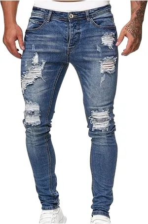 Mens Jeans Trendy Solid Color Ripped Hole Denim Pants Casual Straight Leg Pants Lightweight Slim Trousers with Pockets