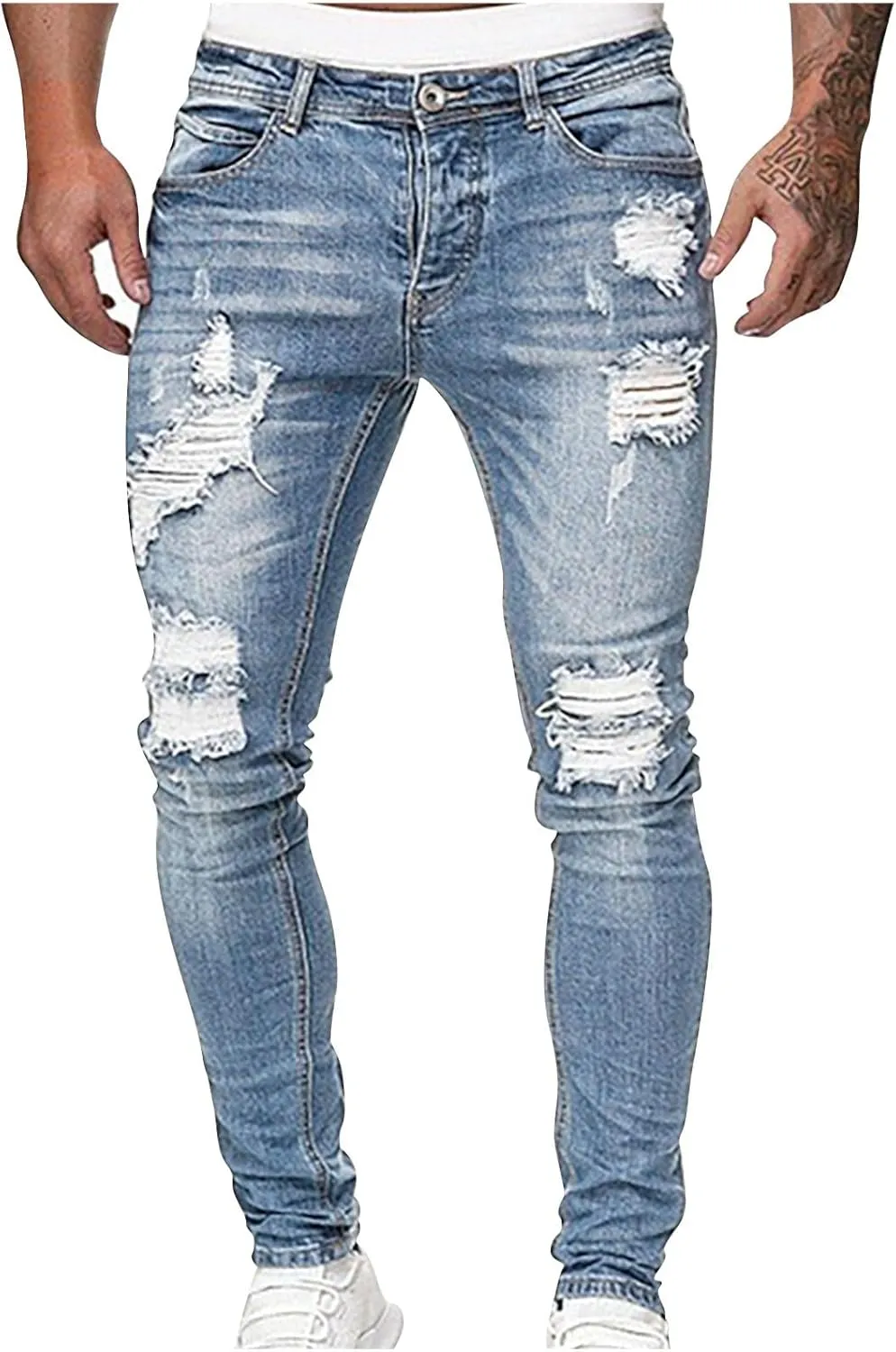 Mens Jeans Trendy Solid Color Ripped Hole Denim Pants Casual Straight Leg Pants Lightweight Slim Trousers with Pockets