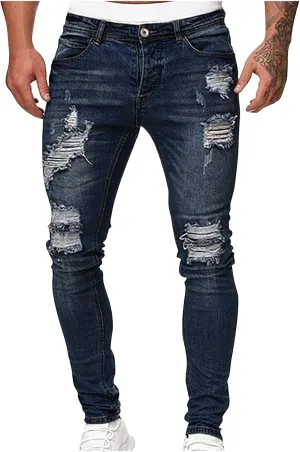 Mens Jeans Trendy Solid Color Ripped Hole Denim Pants Casual Straight Leg Pants Lightweight Slim Trousers with Pockets