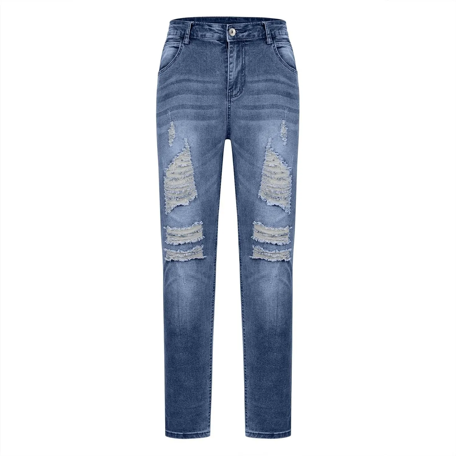 Mens Jeans Trendy Solid Color Ripped Hole Denim Pants Casual Straight Leg Pants Lightweight Slim Trousers with Pockets