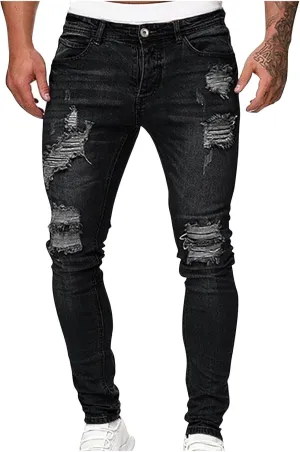 Mens Jeans Trendy Solid Color Ripped Hole Denim Pants Casual Straight Leg Pants Lightweight Slim Trousers with Pockets
