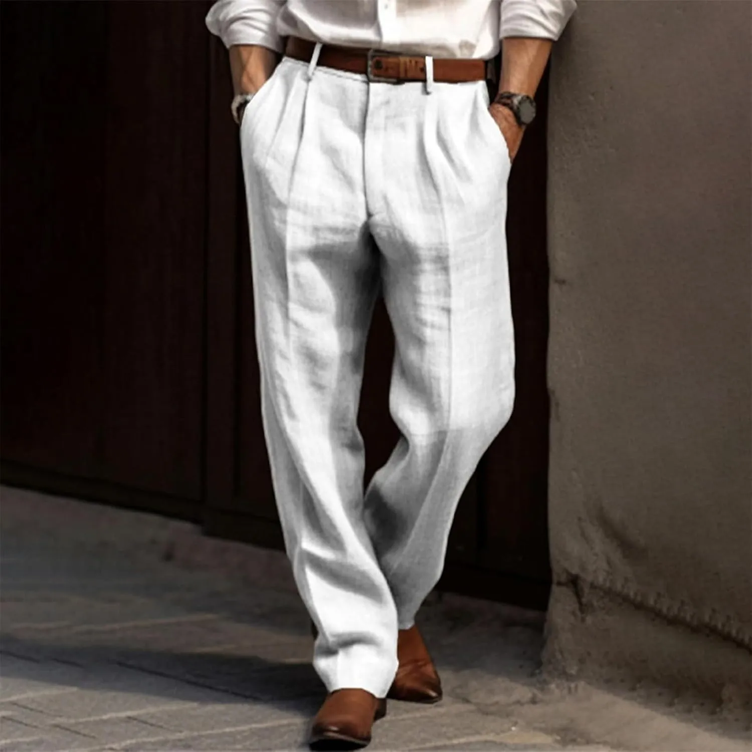 Men's Linen Pants Lightweight Straight Leg Pleated Leisure Trouser Relaxed Fit Casual Yoga Beach Work Dress Pant