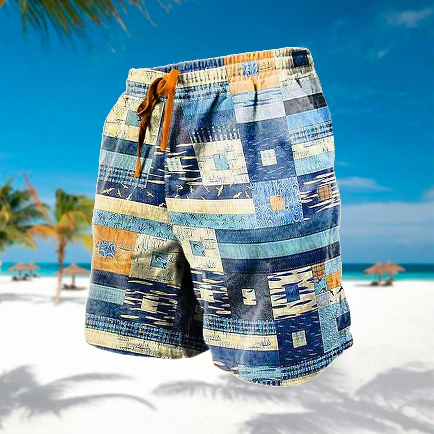 Mens Linen Plaid Bermuda Shorts Ethnic Pattern Jogger Shorts Summer Straight Drawstring Beach Short with Pockets