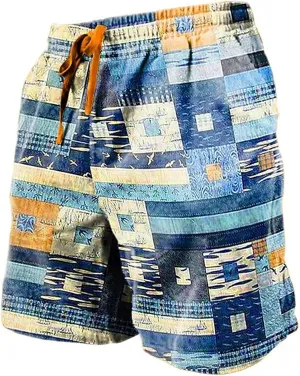 Mens Linen Plaid Bermuda Shorts Ethnic Pattern Jogger Shorts Summer Straight Drawstring Beach Short with Pockets