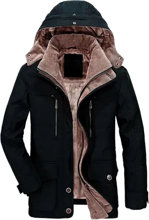 Men's Long Cotton Hooded Coat Winter Thicken Windproof Down Parka Cargo Multi-Pocket Hood Puffer Jacket