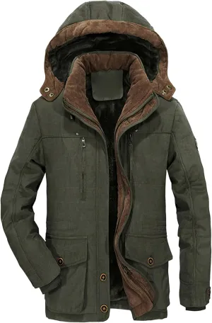 Men's Long Cotton Hooded Coat Winter Thicken Windproof Down Parka Cargo Multi-Pocket Hood Puffer Jacket