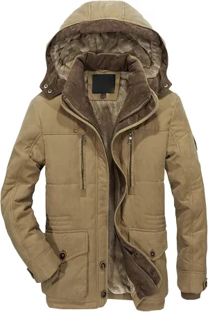 Men's Long Cotton Hooded Coat Winter Thicken Windproof Down Parka Cargo Multi-Pocket Hood Puffer Jacket